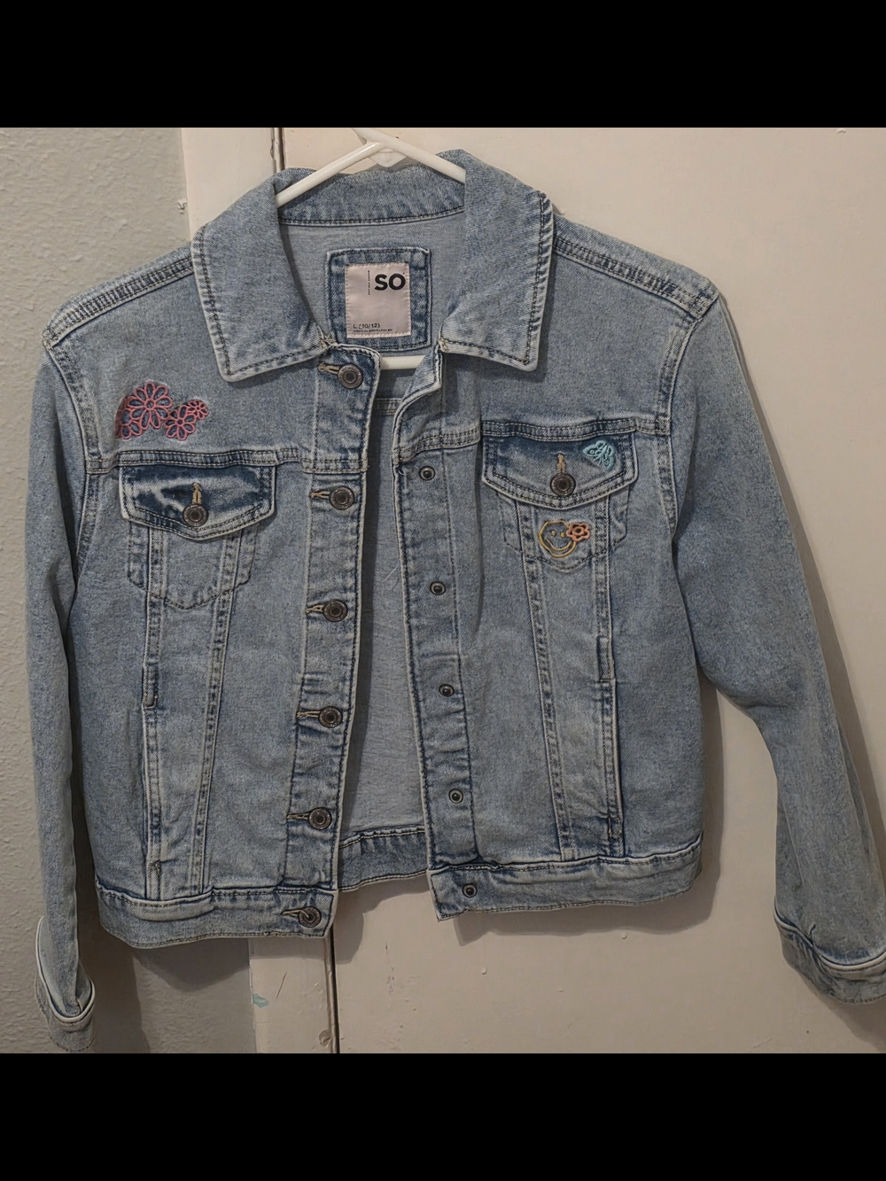SO Light Wash Denim Jacket with Colorful Embroidery